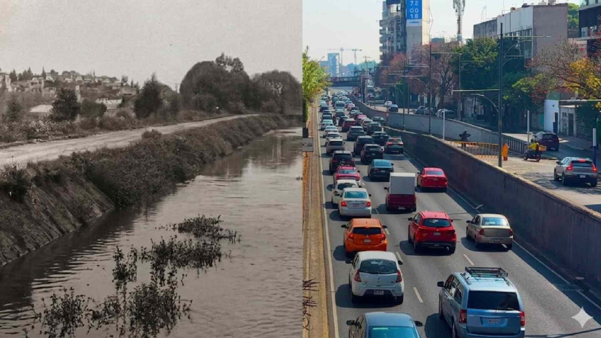 De lado izquierdo el Río de la Piedad, del lado derecho el viaducto Miguel Alemán, construído en los años 40 sobre el cauce del afluente que aún corre entubado bajo el asfalto. Foto: Museo Archivo de la Fotografía / Secretaría de Cultura de la Ciudad de México