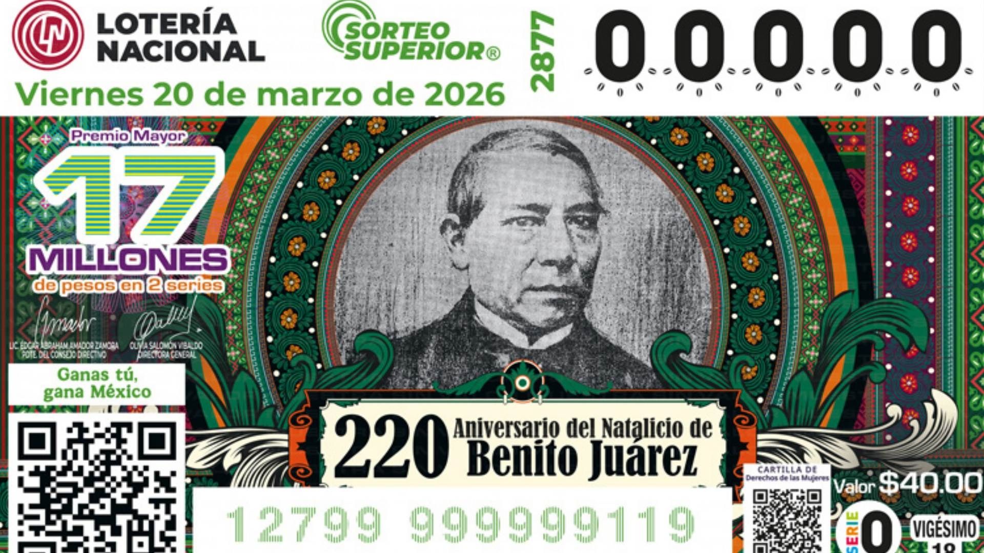 Resultados Sorteo Lotería Nacional hoy 20 de marzo 2026 números ganadores rifa superior 2877