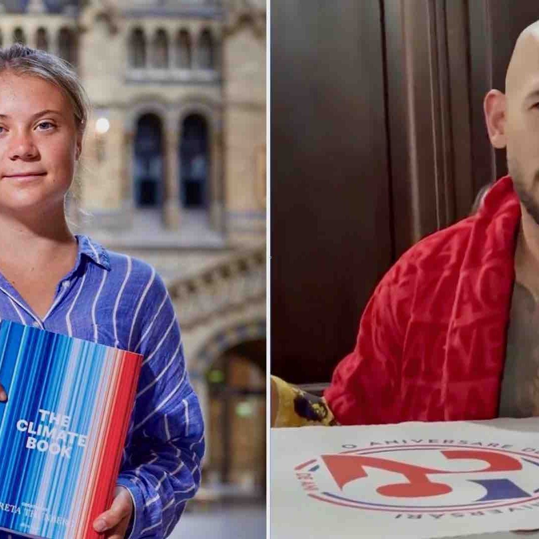 A la izquierda, Greta Thunberg; a la derecha, Andrew Tate