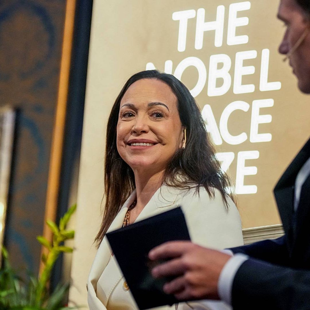 La Premio Nobel de la Paz, María Corina Machado, en una conferencia de prensa en Noruega. Foto: NTB vía Reuters