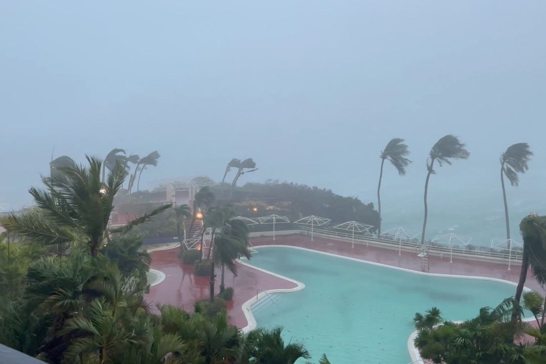 Los árboles se balancean debido a los fuertes vientos del tifón Mawar, en Tamuning, Guam