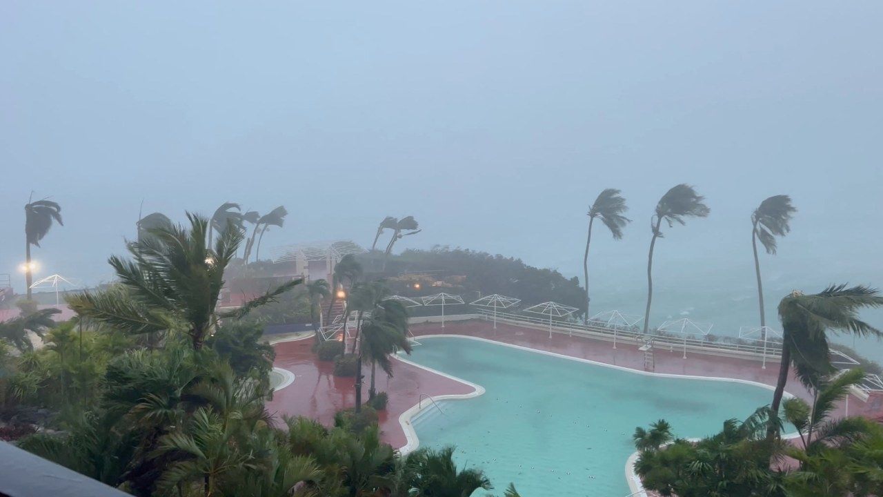 Los árboles se balancean debido a los fuertes vientos del tifón Mawar, en Tamuning, Guam