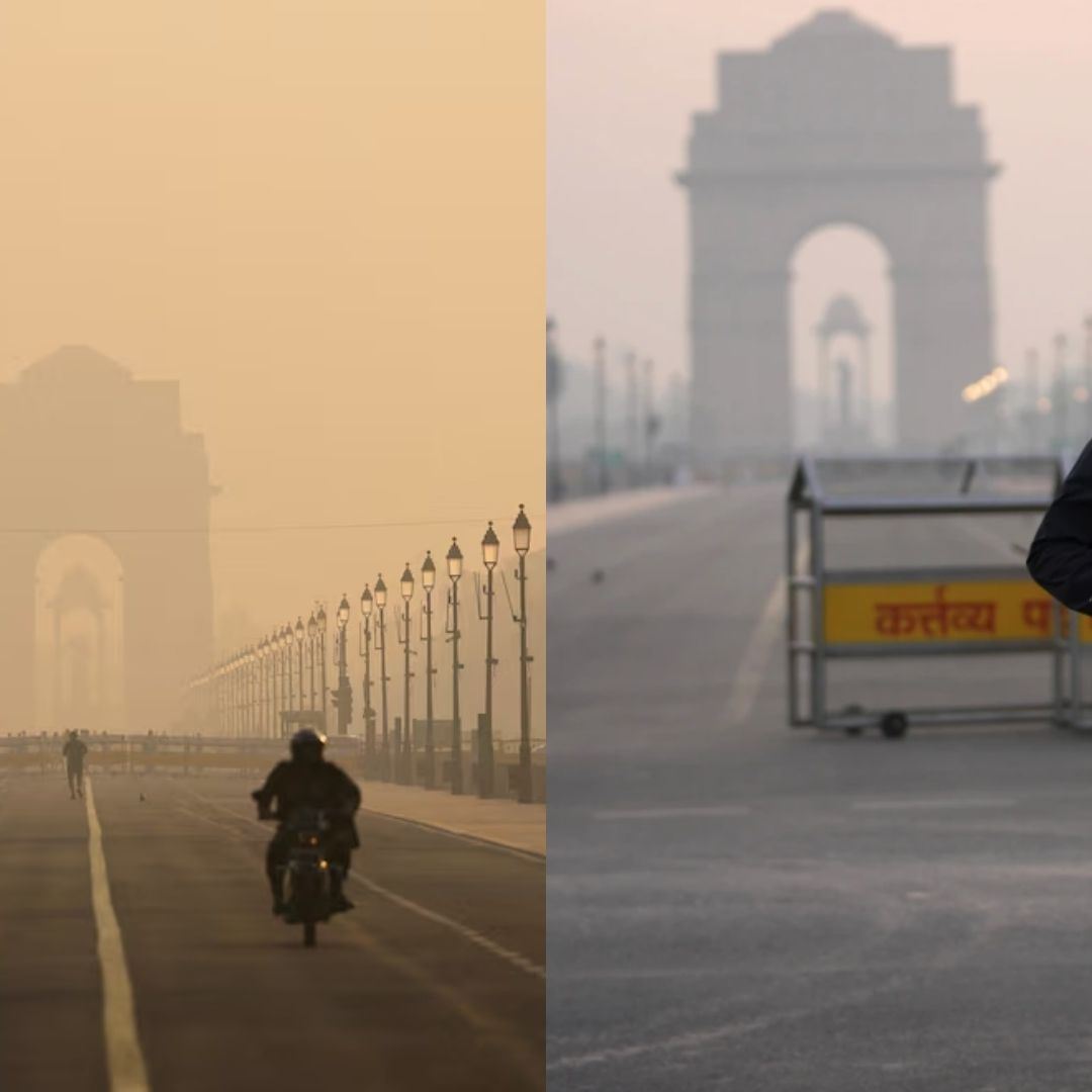 La gente camina por Kartavyapath cerca de la Puerta de India en una mañana brumosa en Nueva Delhi, India
