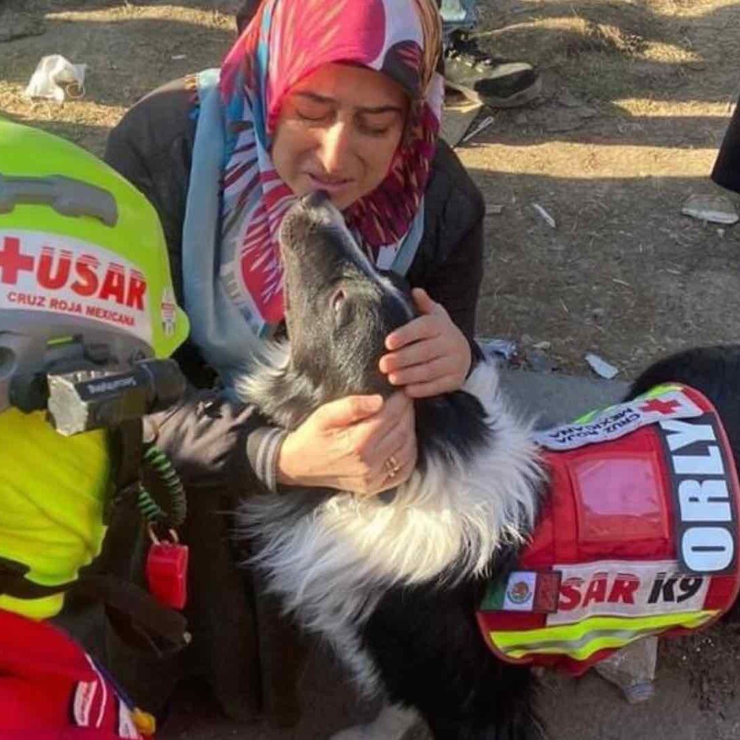 Orly, perro rescatista mexicano, consuela a una mujer en Turquía