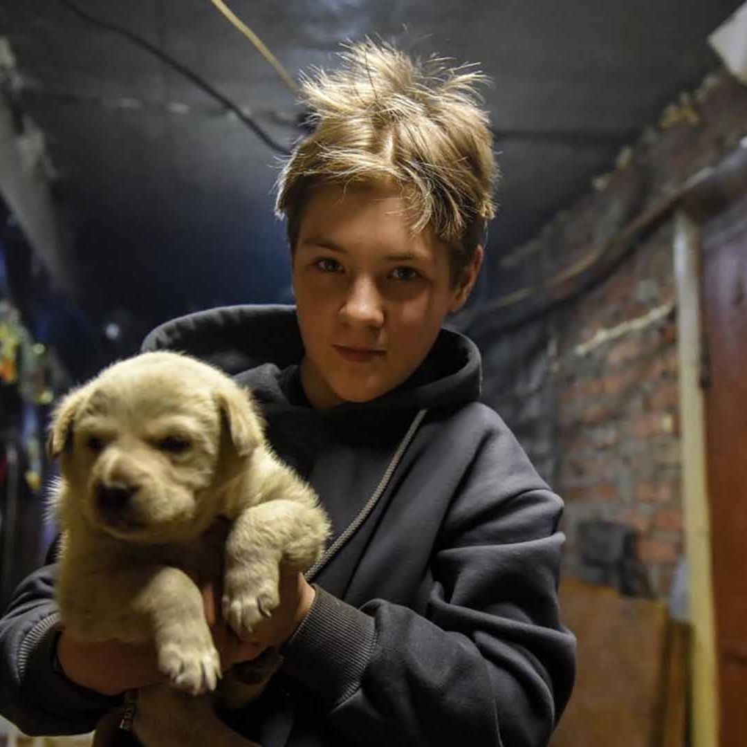 En Donetsk, Ucrania, la pequeña Evelina posa con su mascota, en el sótano de su casa