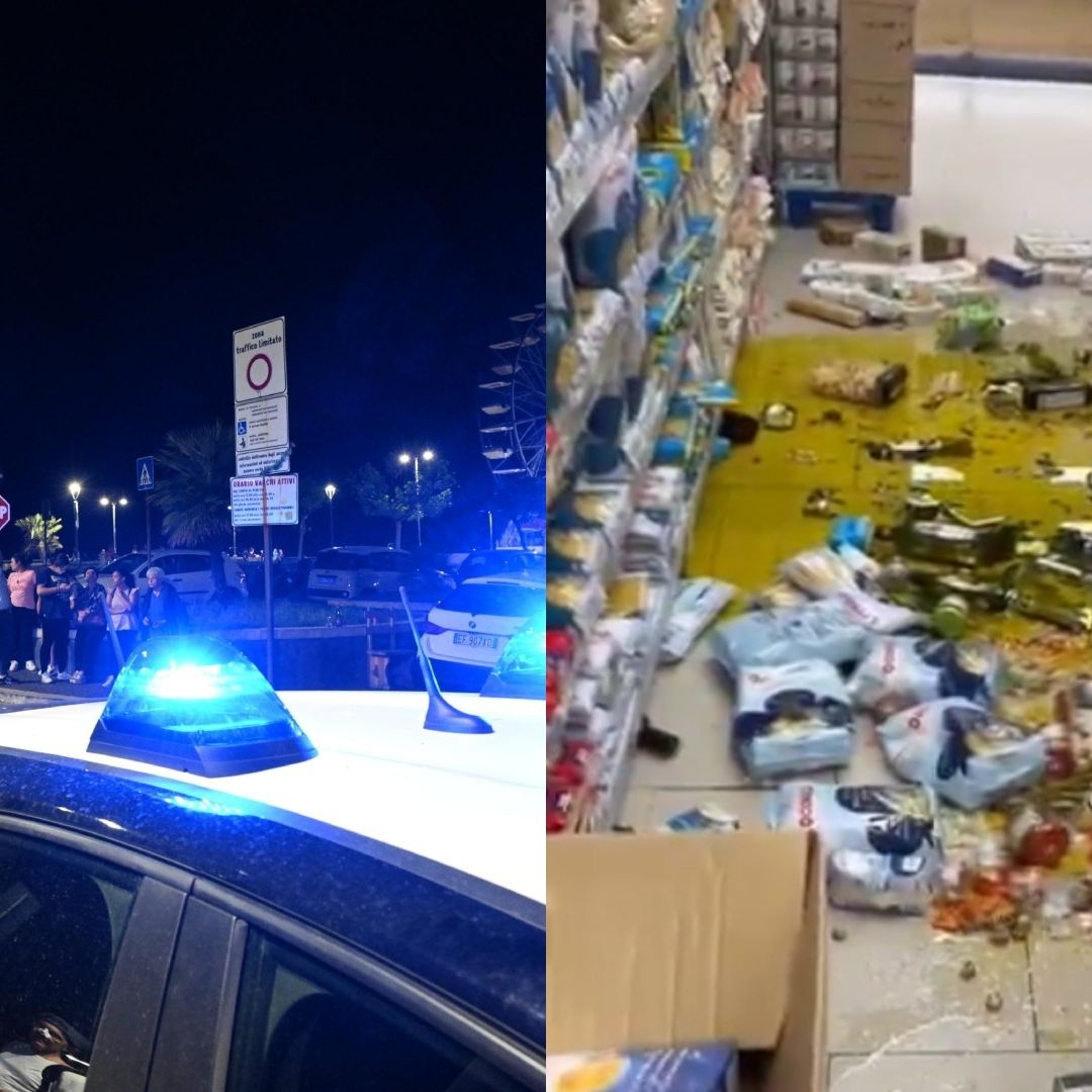 La policía vigila mientras la gente se reúne en una zona segura en calles de Nápoles y Pozzuoli después de decenas de terremotos