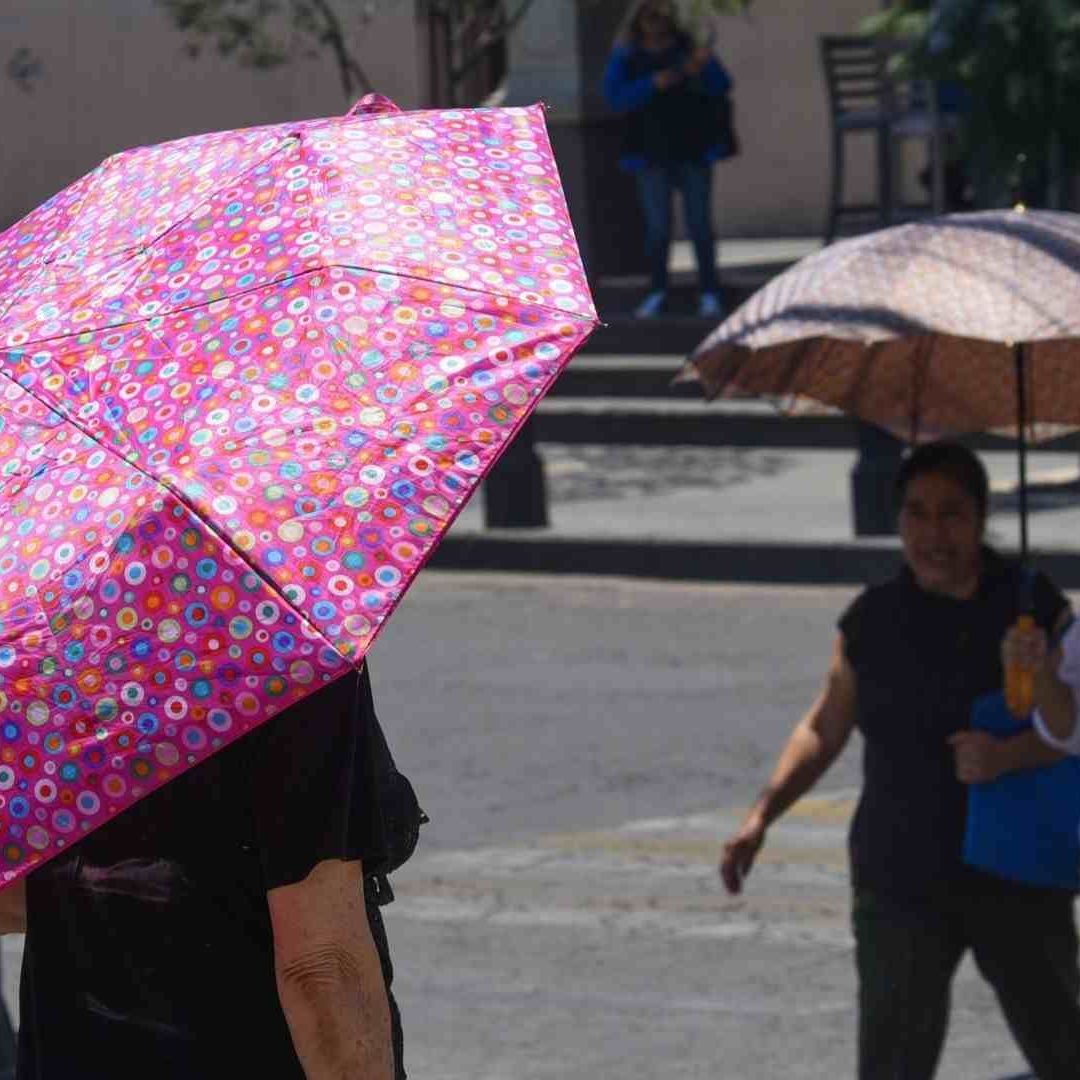 Personas usan sombrillas por ola de calor