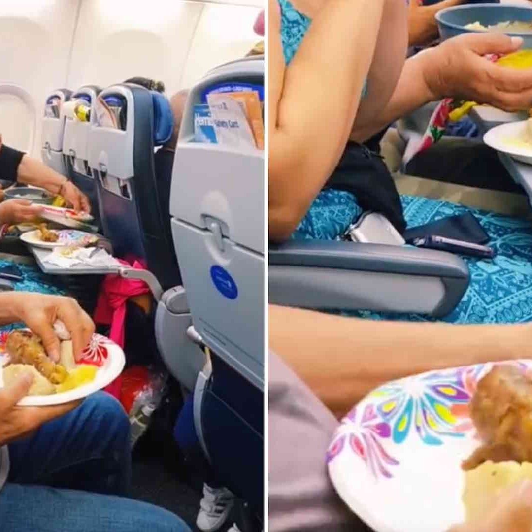 Familia come pollo en avión