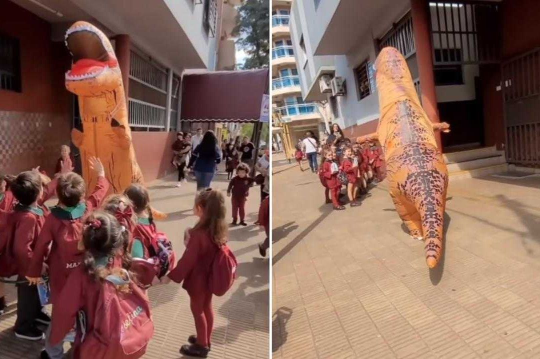 Abuelita se disfrazó de dinosaurio para ir por su nieto al colegio