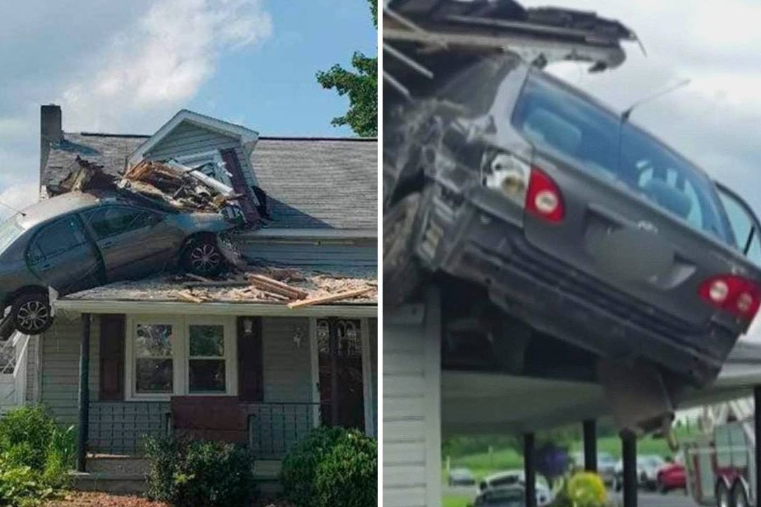 Un auto chocó contra una zanja en Decatur, Pensilvania, y voló hasta impactarse contra el techo de una vivienda