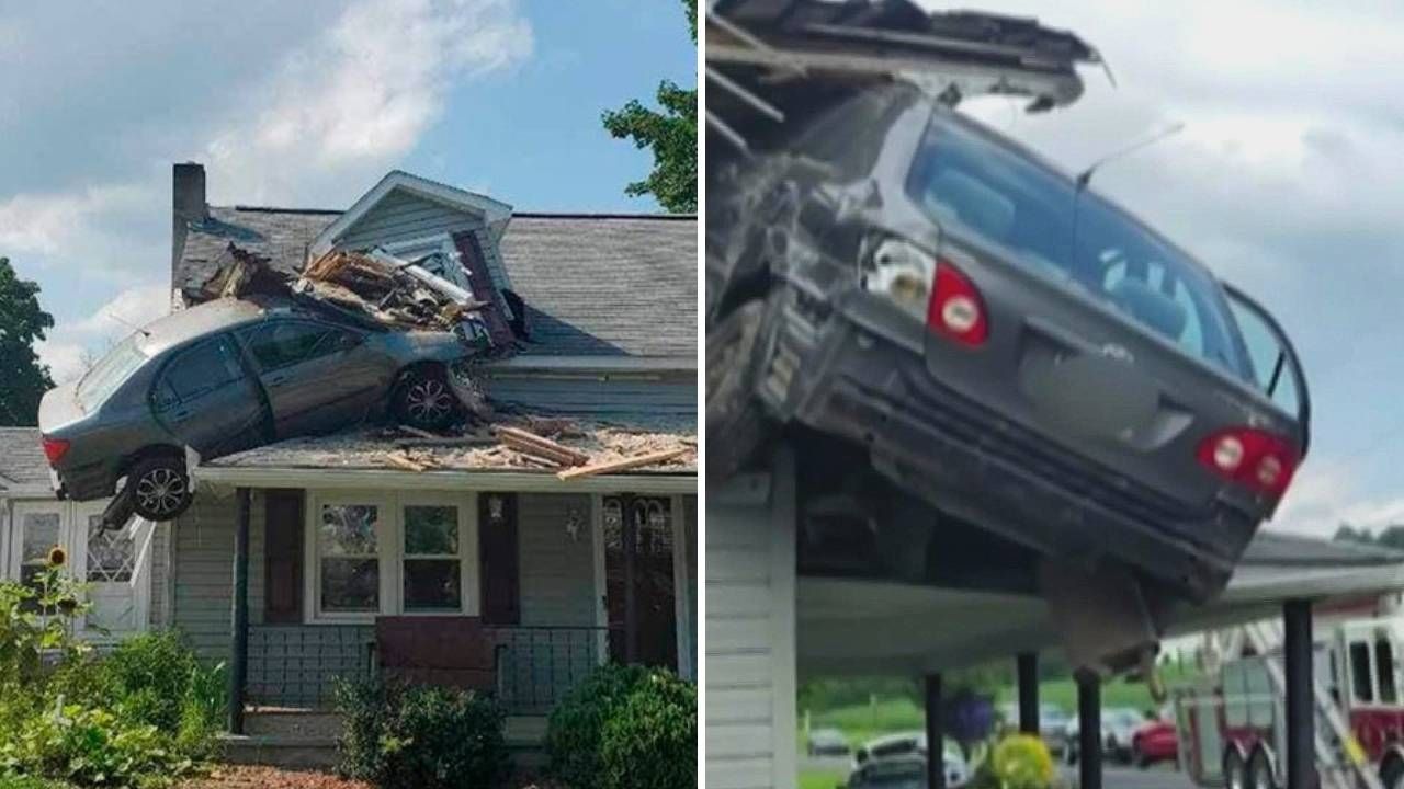 Un auto chocó contra una zanja en Decatur, Pensilvania, y voló hasta impactarse contra el techo de una vivienda