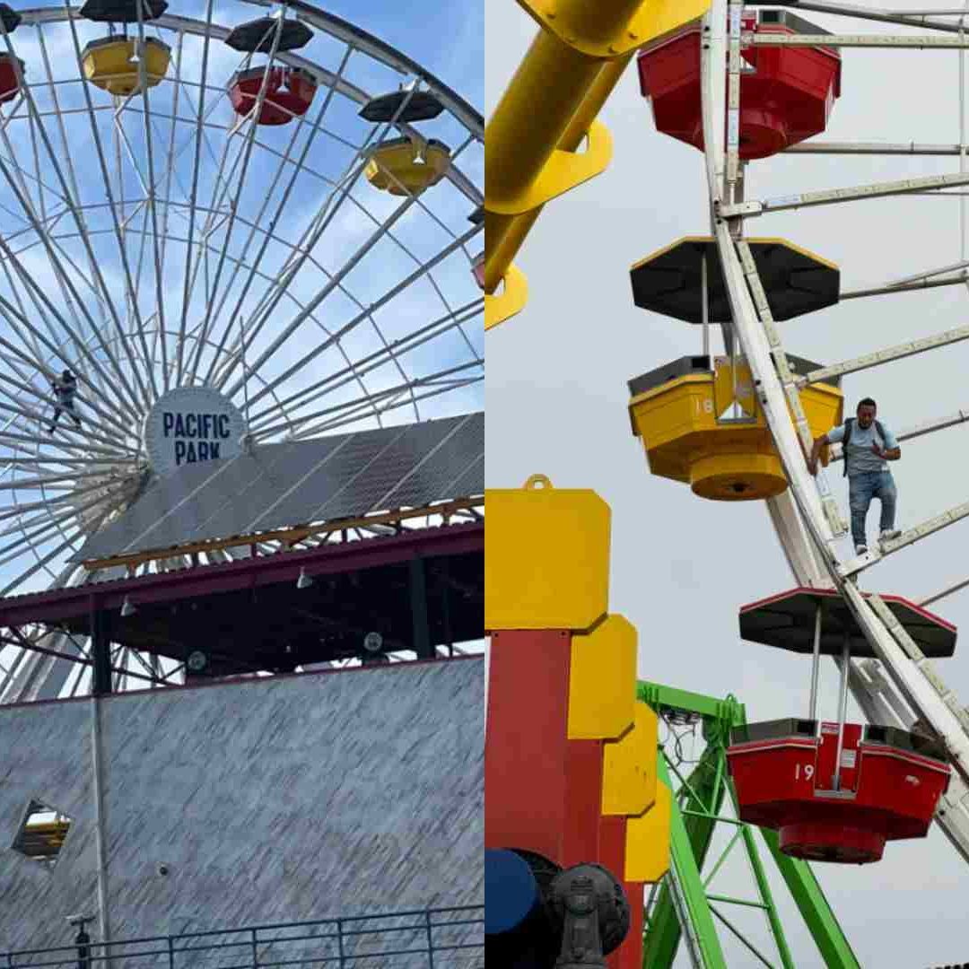 Un hombre escaló esta rueda de la fortuna y amenazó con estallar una bomba, en el muelle de Santa Mónica, California