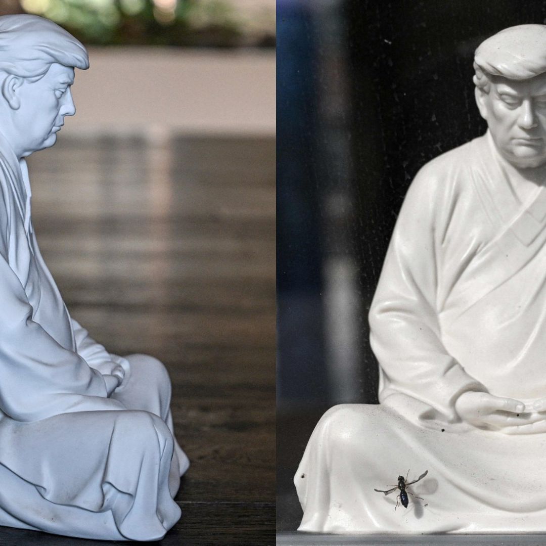 Las esculturas del Trump en pose budista fueron creadas por el artista chino Hong Jinshi