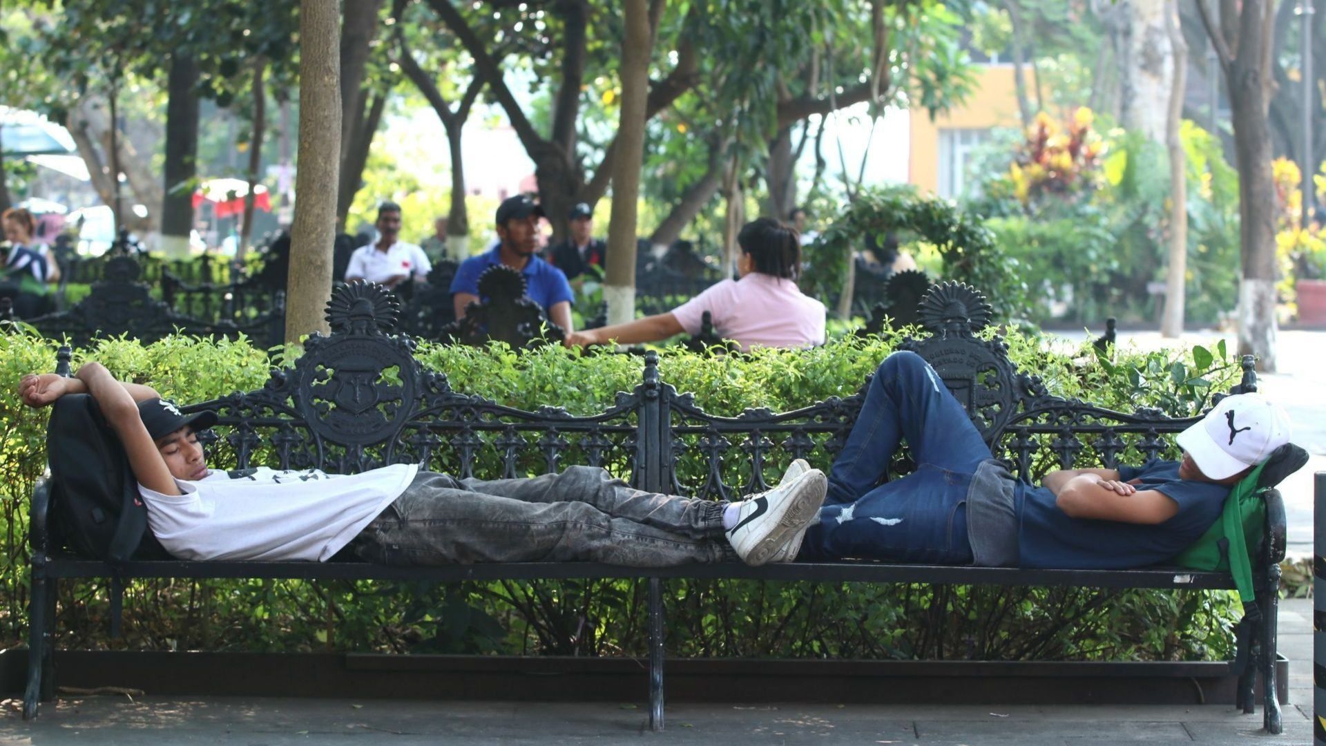 Dos hombres duermen en una banca.