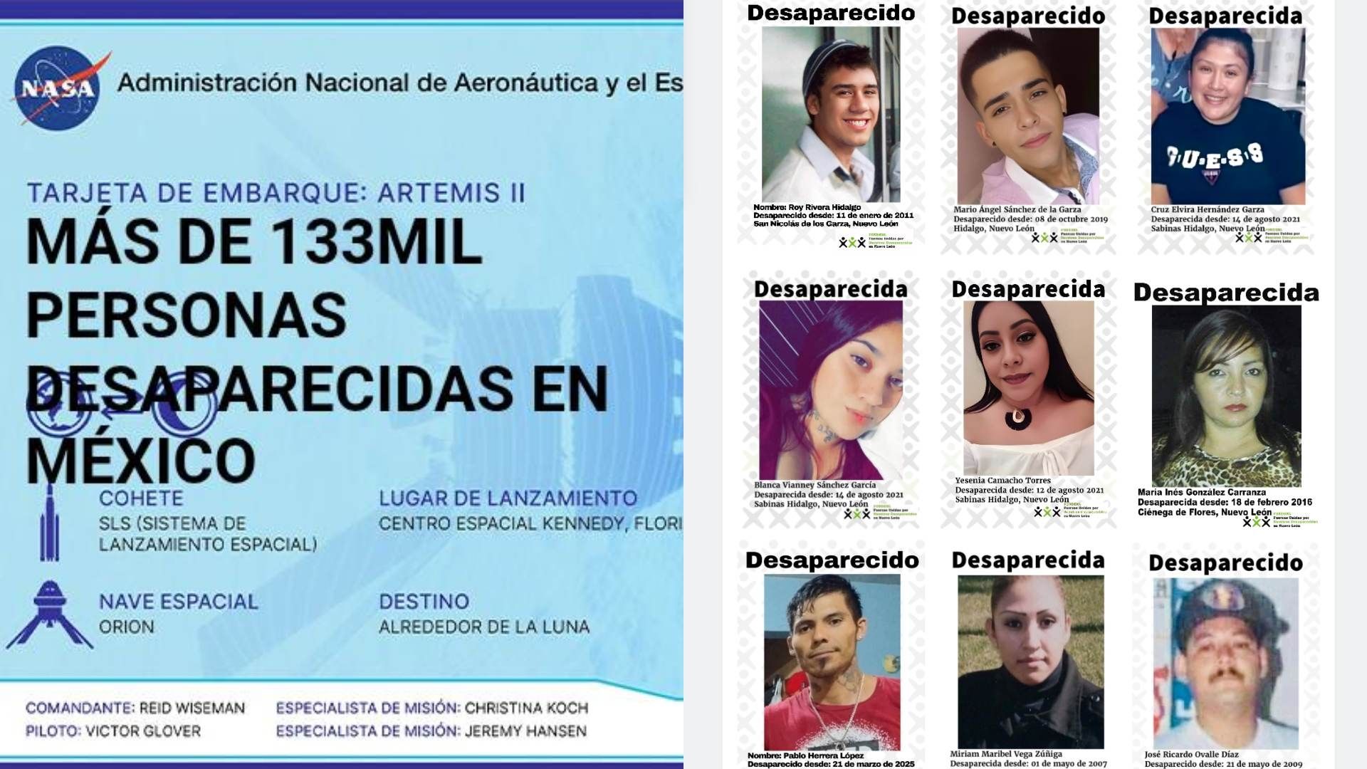 Tarjeta de embarque la NASA de 52 nombres de desaparecidos en México