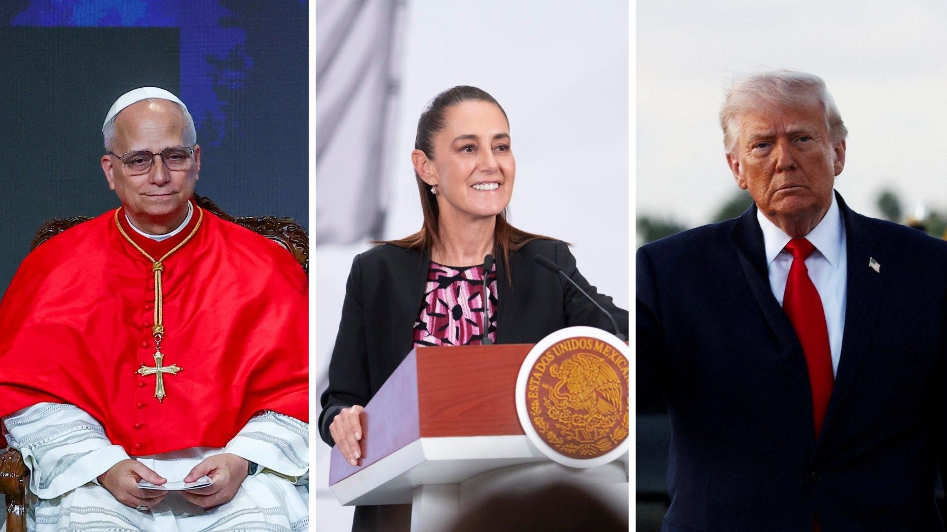 El Papa León XIV, la presidenta Claudia Sheinbaum y el mandatario Donald Trump. Foto: Reuters y Presidencia de México