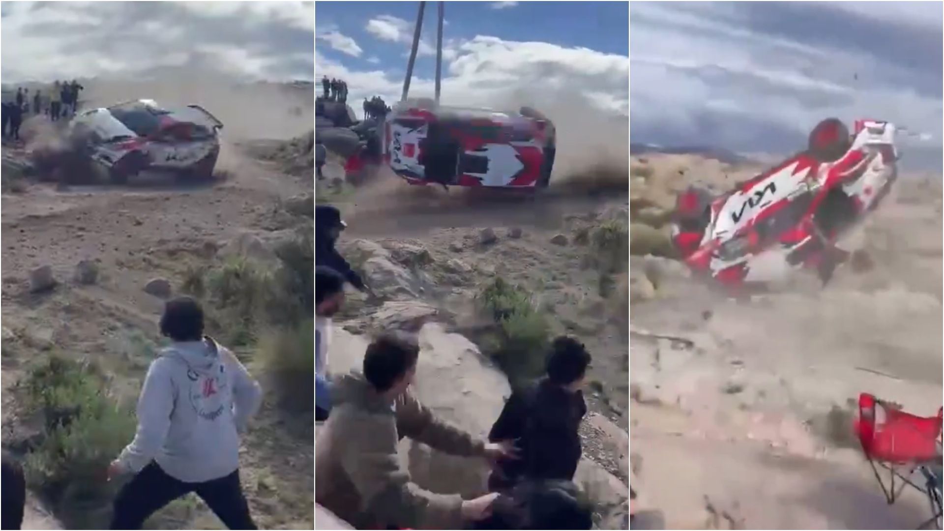 En el Rally Codasur un coche se salió de la pista y dio varios giros, volando hacia a un grupo de espectadores. Foto. N+