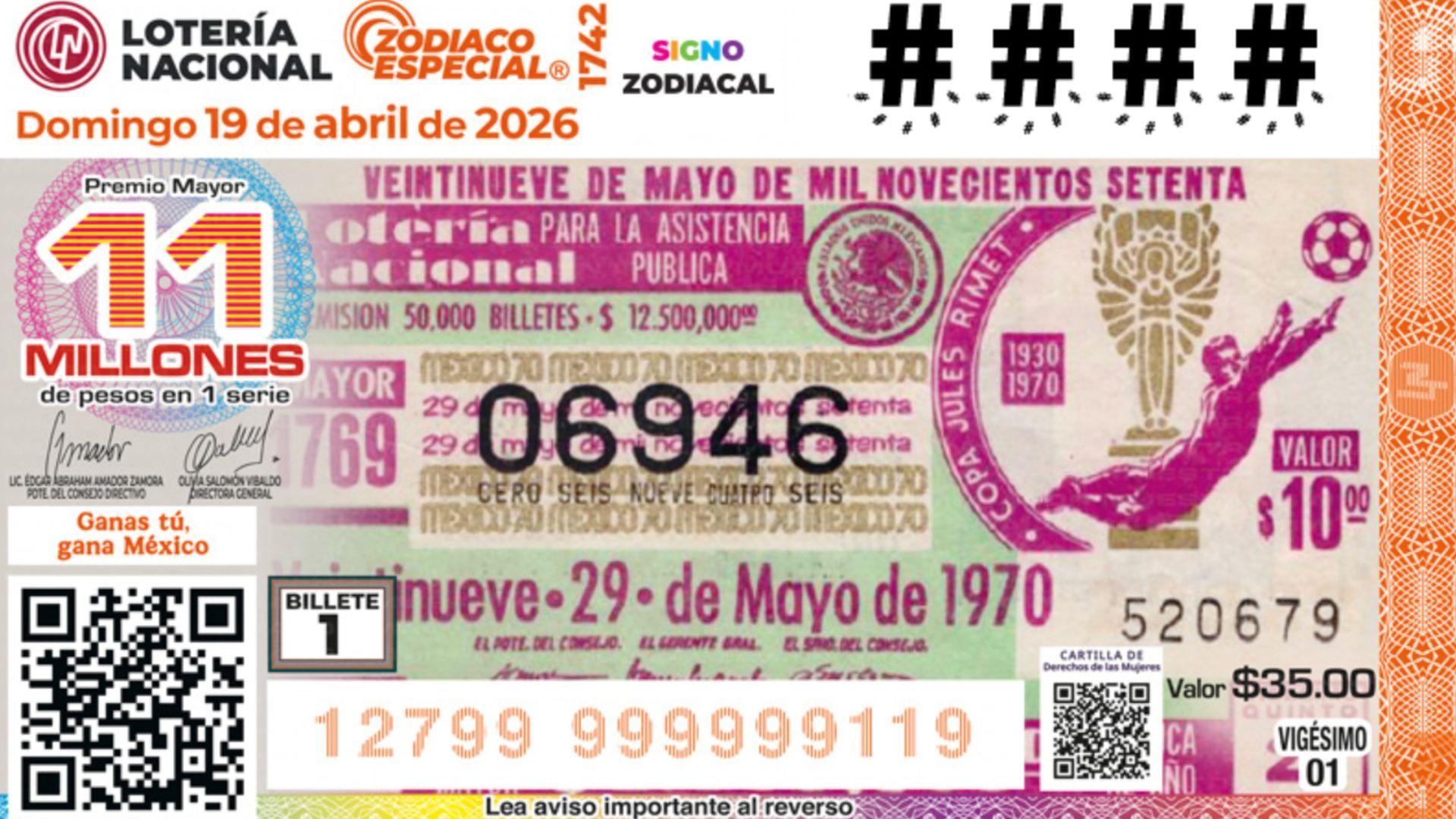 Boleto Lotería Nacional de Hoy 19 de Abril 2026: Resultados Sorteo Zodiaco Especial 1742