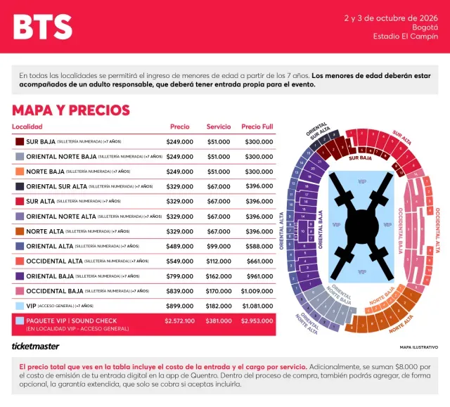 Precios de boletos para conciertos de BTS en Colombia y mapa del evento. Foto: Ticketmaster