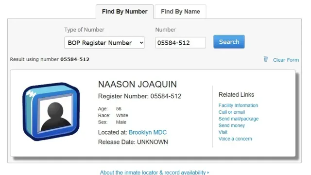 Registro de ingreso de Naasón Joaquín García al Centro de Detención Metropolitano de Brooklyn