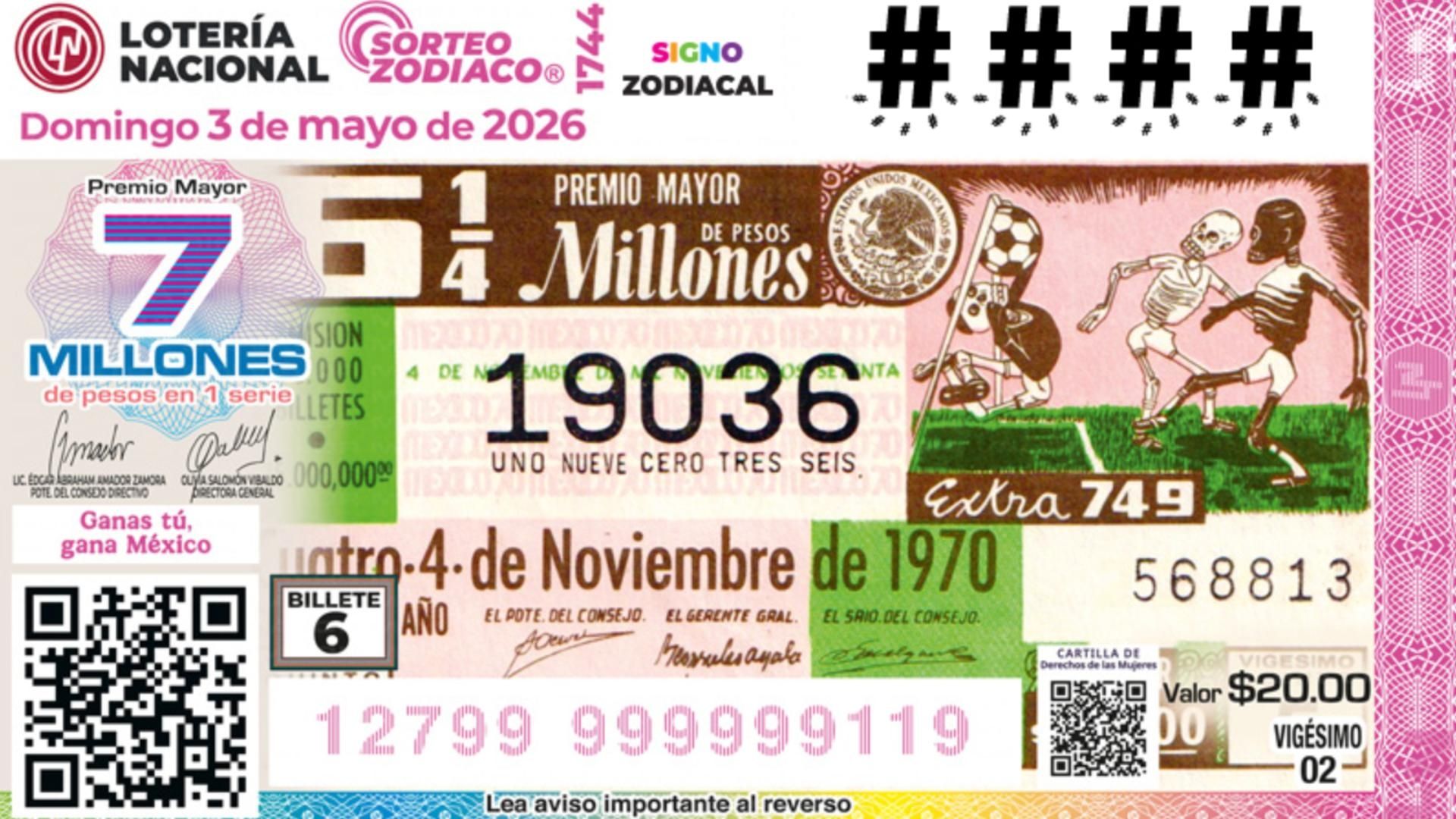 Boleto Lotería Sorteo Zodiaco 1744 de la Lotería Nacional. 3 de Mayo 2026
