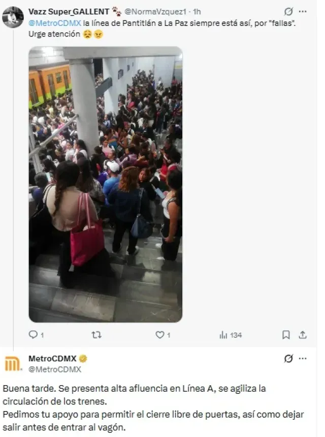 Quejas de usuarios en la estación Pantitlán de la Líneas A, del Metro CDMX, Foto: X @NormaVzquez1