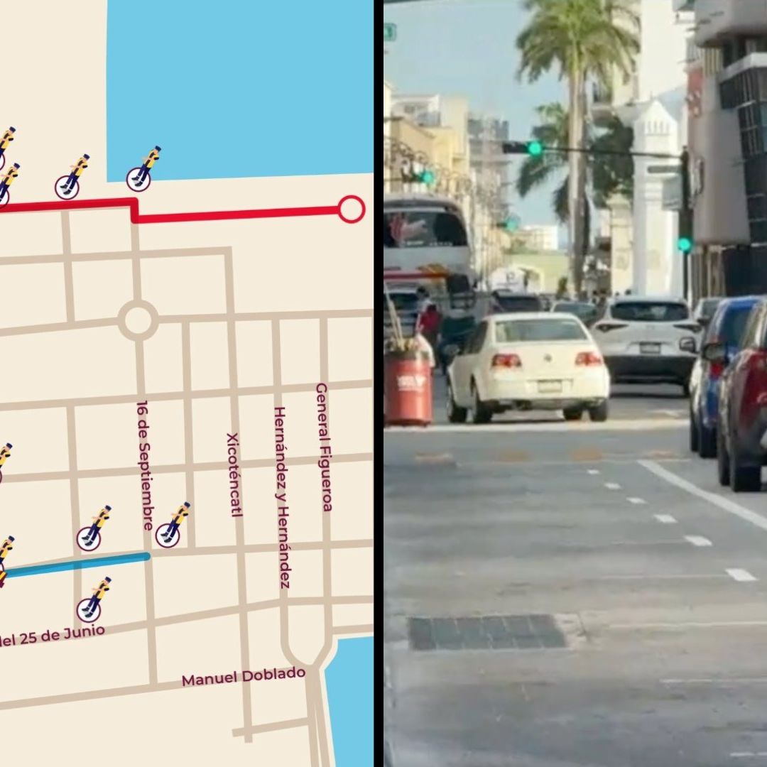 Mapa de cierres viales por desfile y autos circulando por avenida independencia en el centro histórico de Veracruz.