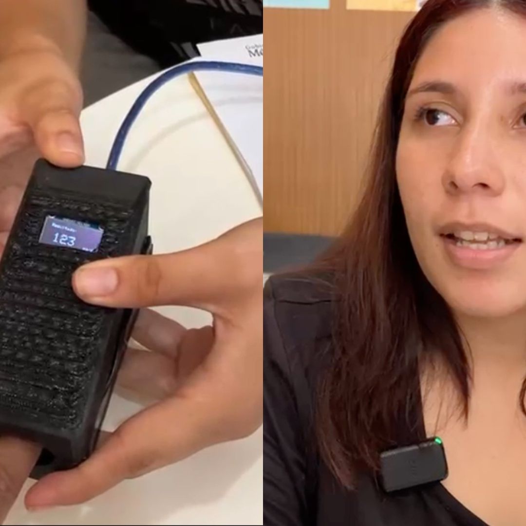 Glucómetro y estudiante que desarrollo el prototipo