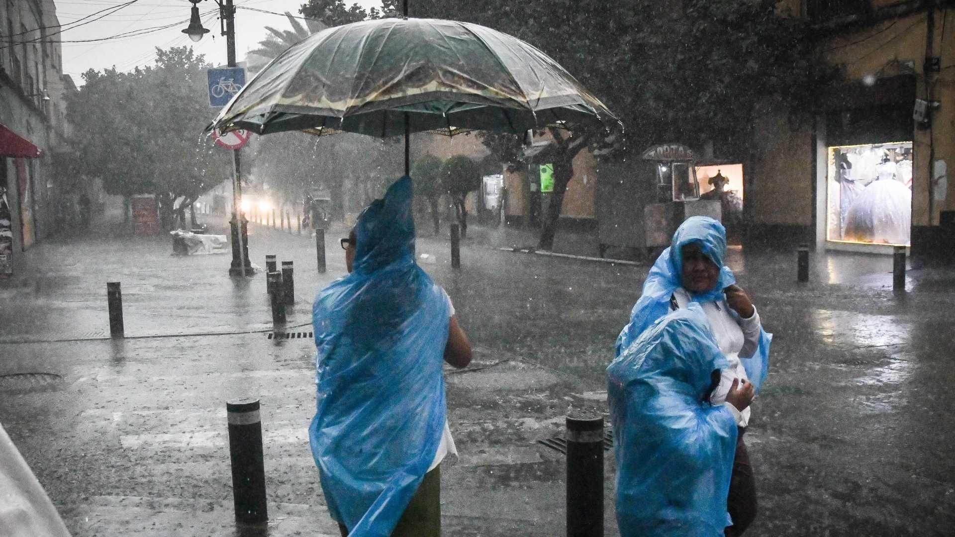Pobladores se protegen de las lluvias con paraguas e impermeables en CDMX el 12 de mayo de 2026. Foto: Cuartoscuro