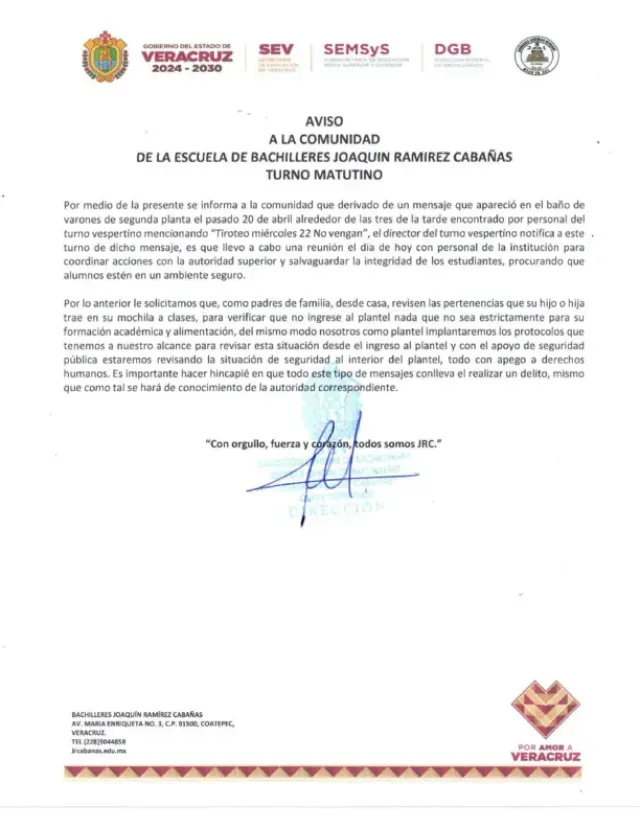 Comunicado oficial por presunta amenaza en bachillerato de Veracruz. Foto: SEV