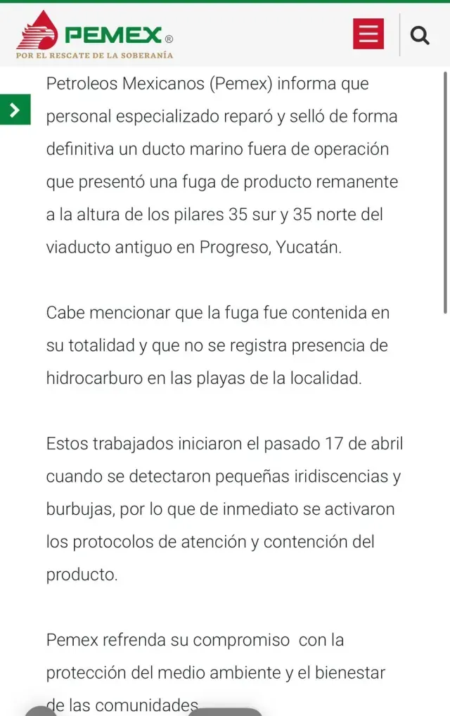 PEMEX emite comunicado sobre la fuga de hidrocarburo en ducto de Puerto Progreso, Yucatán