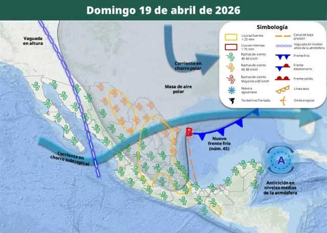 Pronóstico de fenómenos meteorológicos el 19 de abril 2026. Foto: SMN