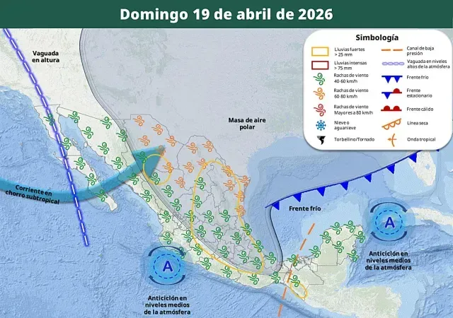 Mapa de previsión del masa de aire polar el domingo 19 de abril 2026. Foto: SMN