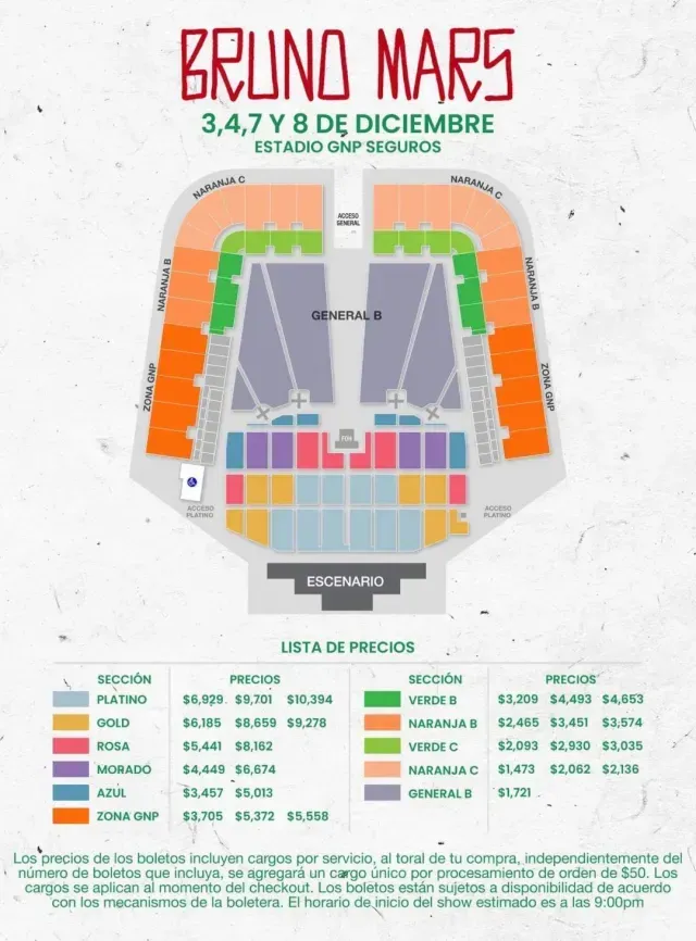 Mapa oficial Bruno Mars Mexico 2026 Estadio GNP