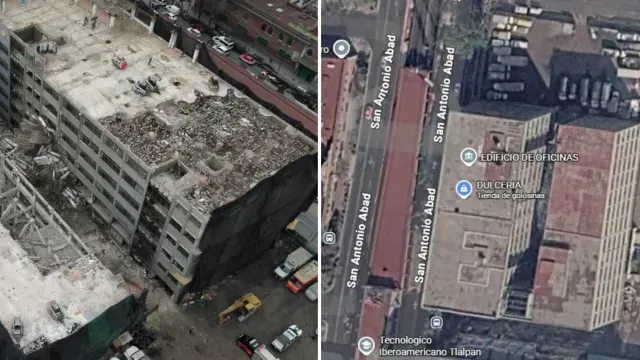 Vista satelital del techo del edificio derrumbado en San Antonio Abad 124 con un antes y después. Fotos: Cuartoscuro y Google Maps