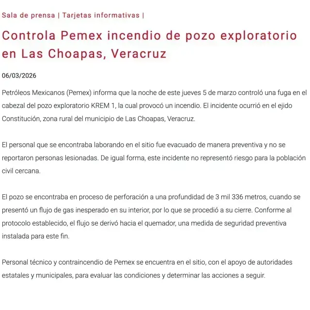 PEMEX emite comunicado acerca del incidente registrado en Las Choapas, Veracruz.