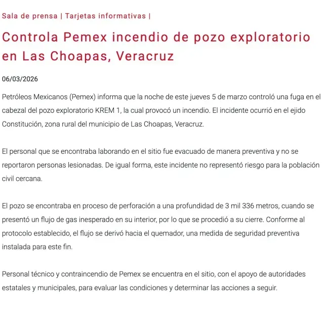 PEMEX emite comunicado acerca del incidente registrado en Las Choapas, Veracruz.