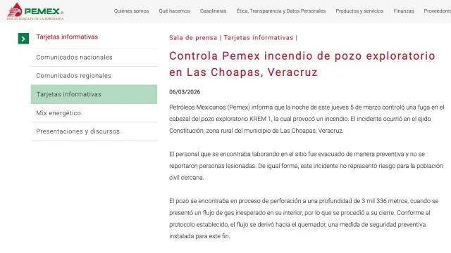 Pemex confirma control de incendio en pozo en Las Choapas, Veracruz. Foto: PEMEX