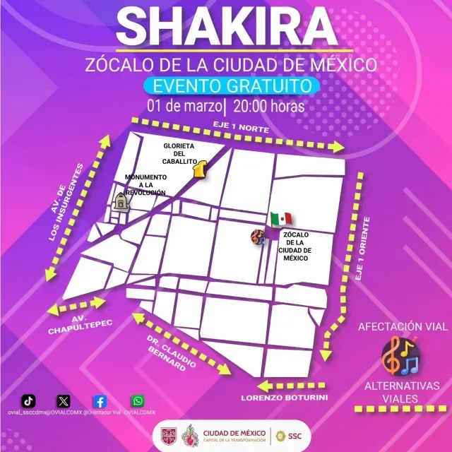 Mapa con alternativas viales ante concierto en el Zócalo CDMX. Foto: @OVIALCDMX