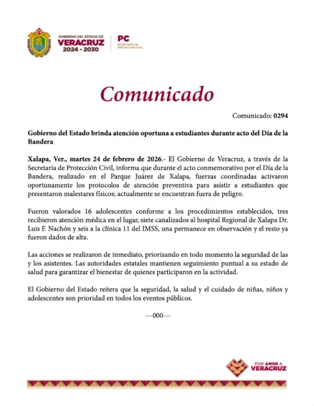 Comunicado oficial de gobierno del estado acerca de los hechos ocurridos en el Parque Juarez donde estudiantes terminaron desmayados. Foto: PC Veracruz