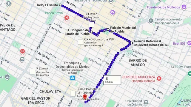 Recorrido de marcha 8M "Latido Común" en Puebla. Foto: Google Maps