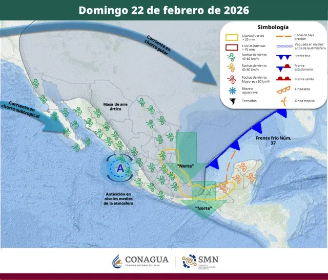 Mapa de la trayectoria del frente frío 37, en México. Foto: Conagua