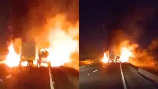 Así fue el incendio de una pipa y tráiler en la Autopista Córdoba-Veracruz. Foto: X @Thermokineros