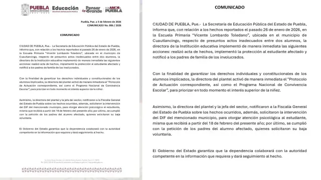 Comunicado de la SEP por caso de presunto abuso contra estudiante en Puebla. Foto: SEP Puebla