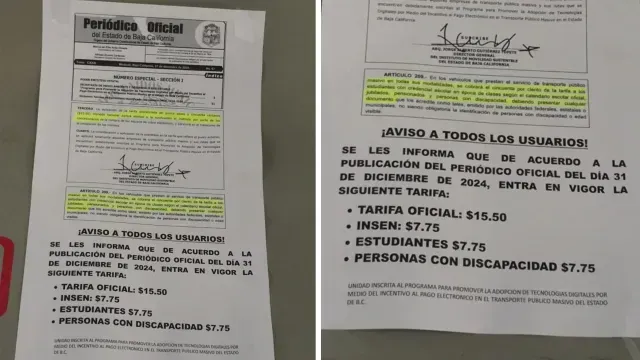 Copia del aviso sobre el aumento a la tarifa del transporte público en Baja California. Foto: N+