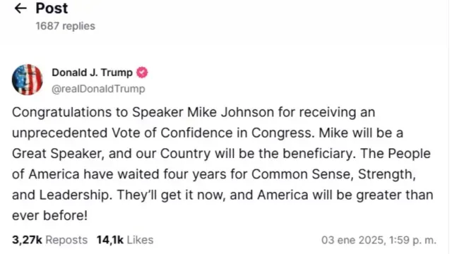 Trump celebra reelección de Mike Johnson como líder de la Cámara de Representantes