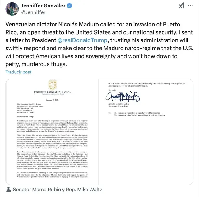 Gobernadora de Puerto Rico advierte a Donald Trump sobre amenazas de Maduro