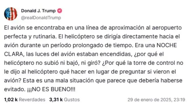 Mensaje del Presidente Donald Trump Sobre accidente aéreo.