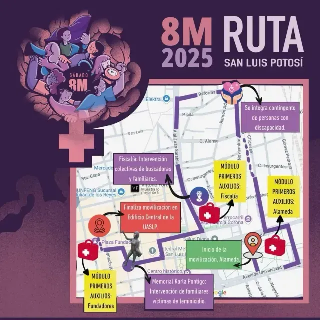 Esta será la ruta para el 8M 2025 en San Luis Potosí. Foto: Colectivo Vivas nos Queremos