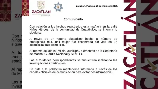 Comunicado del Gobierno Municipal de Zacatlán. Foto: Facebook @Gobierno Municipal de Zacatlán
